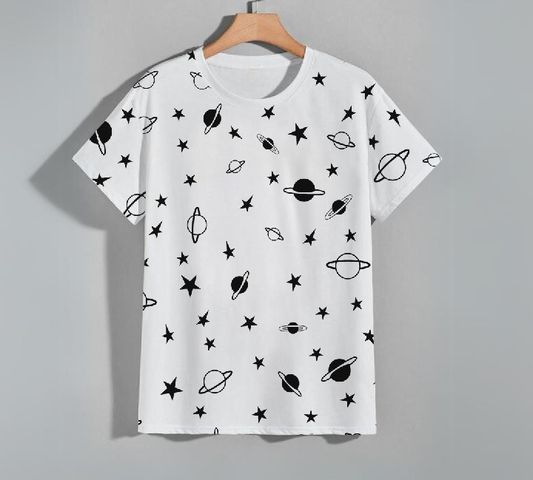 Short Sleeves SpaceShips Designing Printed T-Shirt 100% Cotton